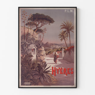 Vintage P.L.M. Hyères poster, shown in a slim frame on a light wall.