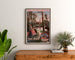 Vintage poster Paray-le-Monial, trein, ingelijst boven een houten dressoir tussen kamerplanten.