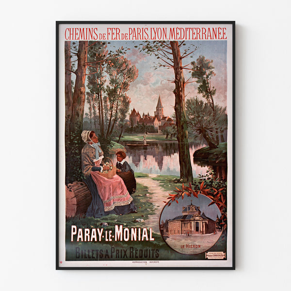 Vintage poster Paray‑le‑Monial, train, in a slim frame on a light wall.
