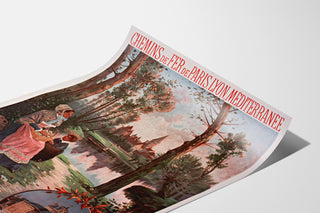 Vintage poster Paray-le-Monial, trein, gepresenteerd op een gebogen blad, perspectivisch gezien.