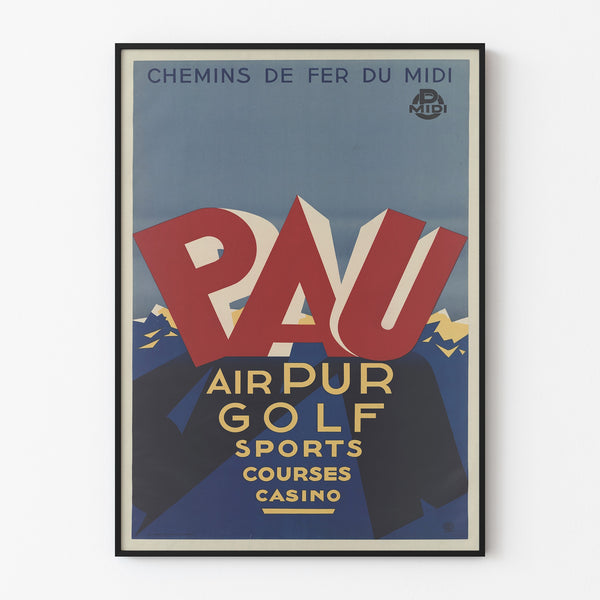 Vintageposter Pau, golf et sports, gepresenteerd in een smal kader aan een lichte muur.