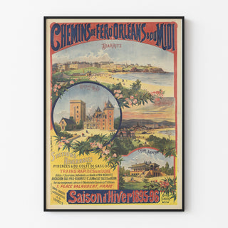 Vintage poster Pyrénées et Gascogne, winters seizoen, getoond in een smal lijstje tegen een lichte muur.