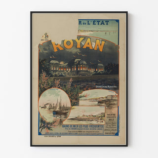 Vintage Royan-poster, Grand Casino municipal, gepresenteerd in een smal frame aan een lichte muur.