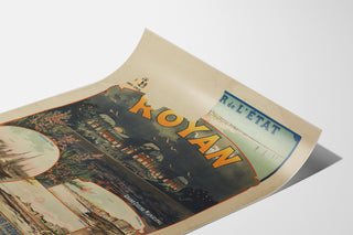 Vintage Royan-poster, Grand Casino municipal, gepresenteerd op een gebogen vel, schuin gefotografeerd.