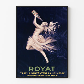 Vintageposter Royat, santé et jeunesse, gepresenteerd in een smal kader aan een lichte muur.