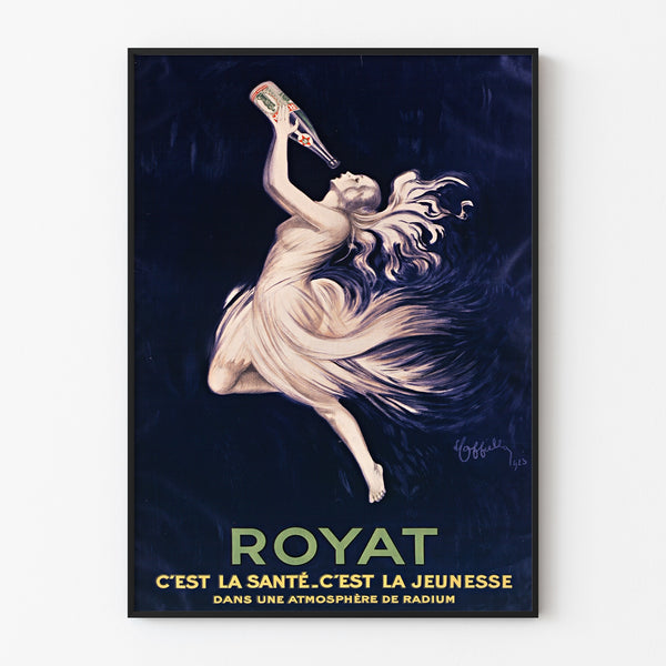Vintageposter Royat, santé et jeunesse, gepresenteerd in een smal kader aan een lichte muur.