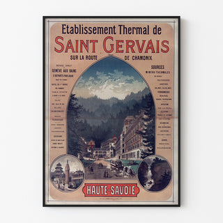 Vintageposter Saint-Gervais, kuuroord, in een smal lijstje aan een lichte muur.