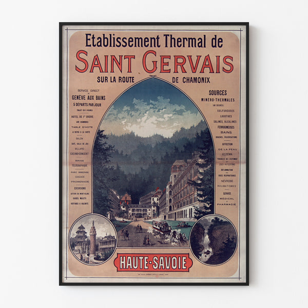 Vintageposter Saint-Gervais, kuuroord, in een smal lijstje aan een lichte muur.