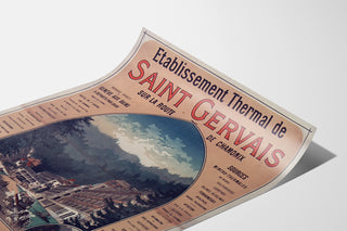 Vintageposter Saint-Gervais, kuuroord, gepresenteerd op een gebogen vel, perspectivisch gezien.