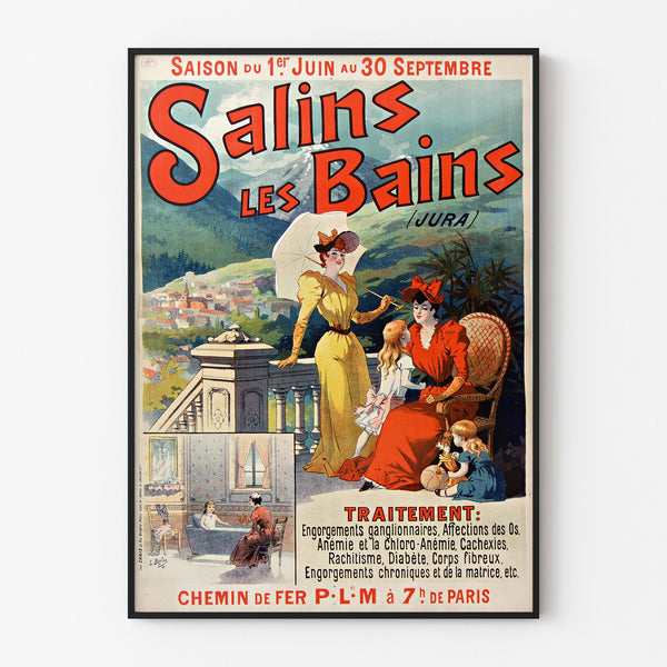 Vintage poster Salins les Bains (Jura), in een smal frame aan een lichte muur.