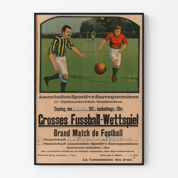 Vintage Sarreguemines poster, football match, displayed in a thin frame on a light wall.