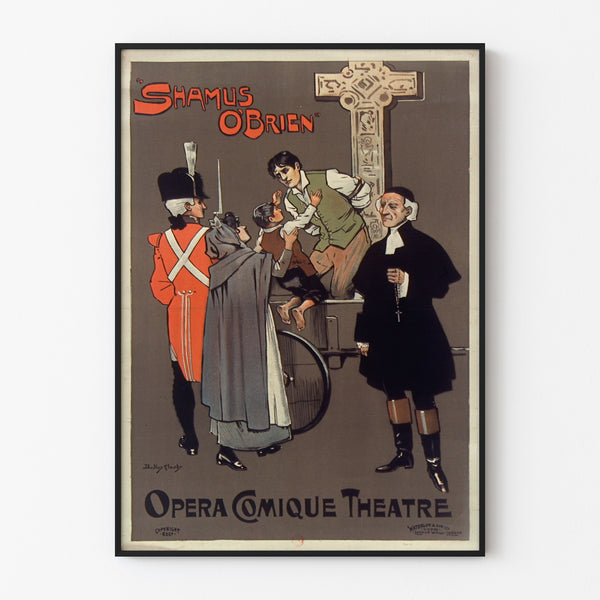 Vintage poster Shamus O’Brien, Opera Comique, displayed in a slim frame on a light wall.