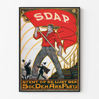 Vintage poster Stemt SDAP, verkiezingen, gepresenteerd in een dunne lijst tegen een lichte muur.