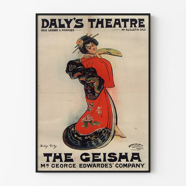 Vintage poster The Geisha, Daly’s Theatre, displayed in a slim frame on a light wall.