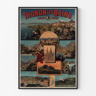 Vintageposter Thonon‑les‑Bains, in een smal lijstje aan een lichte muur.