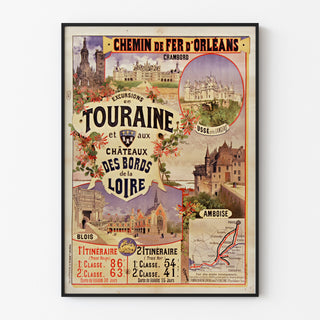 Vintage poster Touraine, kastelen van de Loire, gepresenteerd in een smal lijstje aan een lichte muur.