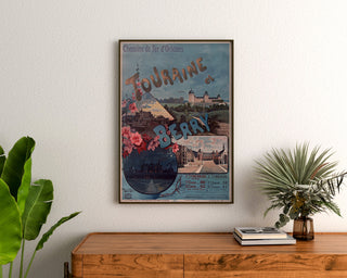 Vintage poster Touraine et Berry, kastelen, ingelijst boven een houten ladekast, tussen planten.