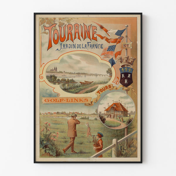Vintage Touraine poster, Garden of France, shown in a slim frame on a pale wall.