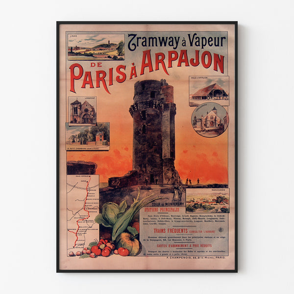 Vintage tram poster Paris–Arpajon, shown in a slim frame on a light wall.
