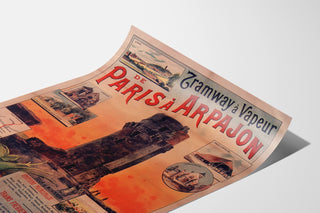 Vintage poster Tramway Paris–Arpajon, gepresenteerd op een licht gebogen blad, perspectivische weergave.