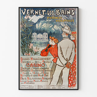 Vintage poster Vernet-les-Bains, Canigou, gepresenteerd in een smal lijstje aan een lichte muur.