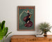 Vintageposter Woman and Wine, Princess’s Theatre, ingelijst boven een houten dressoir, tussen planten.