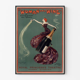 Vintageposter Woman and Wine, Princess’s Theatre, in een slank kader aan een lichte muur.