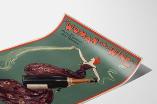 Vintageposter Woman and Wine, Princess’s Theatre, gepresenteerd op een gebogen vel papier, perspectiefaanzicht.
