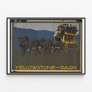 Yellowstone Park-affiche, weergegeven in een smal kader aan een lichte muur.