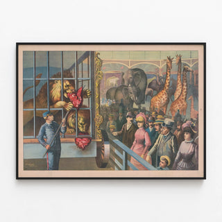 an-animal-keeper-feeding-raw-meat-to-lions-in-a-circus-cage-as-spectators-watch