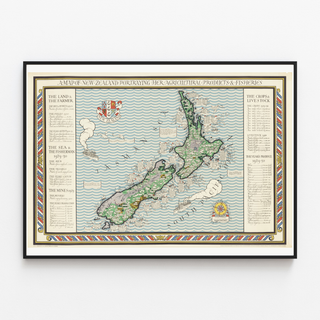 Oude kaart van Nieuw-Zeeland – MacDonald Gill, 1931, weergegeven in een smal kader aan een lichte muur.