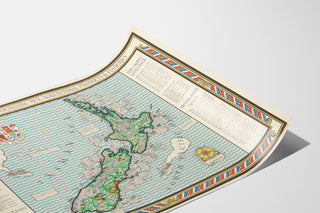 Oude kaart van Nieuw-Zeeland – MacDonald Gill, 1931, gepresenteerd op een gebogen blad, in perspectief bekeken.