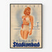 Vintage poster of a swimming stadium with a woman in a red polka dot swimsuit