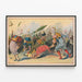 Vintage poster of five clowns in a comic scene with a wheelbarrow — framed artwork on a wall