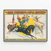 Vintage poster of equestrian stunt riders balancing — framed artwork on a wall