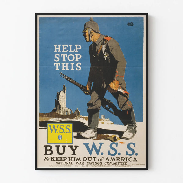 Vintage propagandaposter 'Help Stop This' voor de campagne War Savings Stamp
