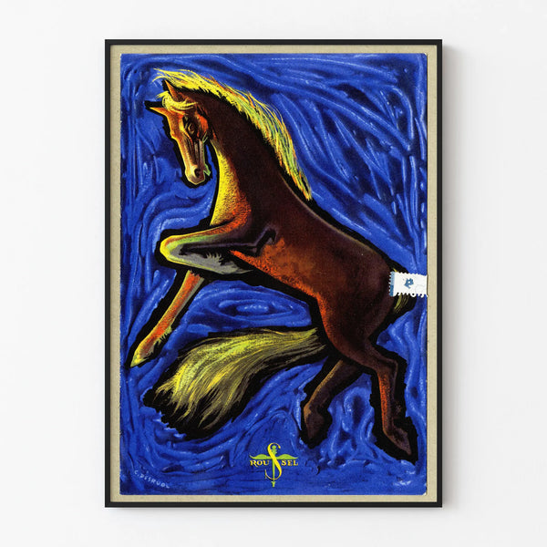 Vintage poster van galopperend paard met intense blauwe achtergrond