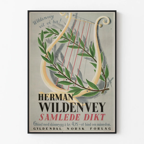 Muurdecoratieposter met lier en lauwerkrans Herman Wildenvey