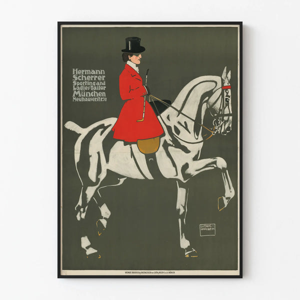 Vintage poster van paard en ruiter in rode jas