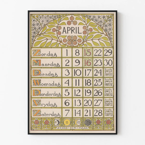 Artistiek Kalenderposter voor april 1900 - Vintage wanddecoratie