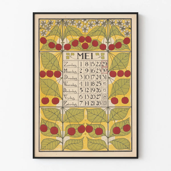 Decoratieve kalenderposter mei 1898 met kersen en bladeren