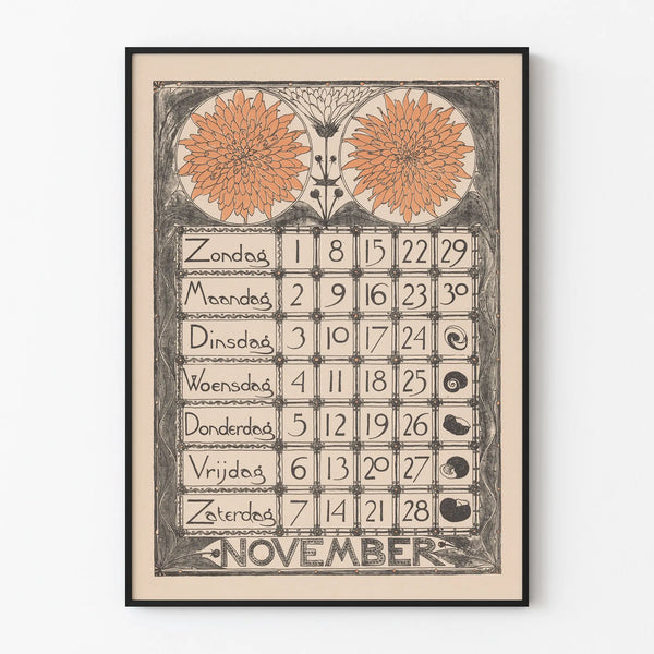 Vintage kalenderposter decoratief november 1896