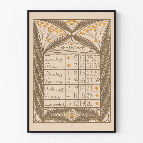 Vintage kalenderposter september 1896 wanddecoratie