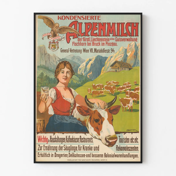 Vintage poster van melkachtig Kondensierte Alpenmilch bergdecoratie