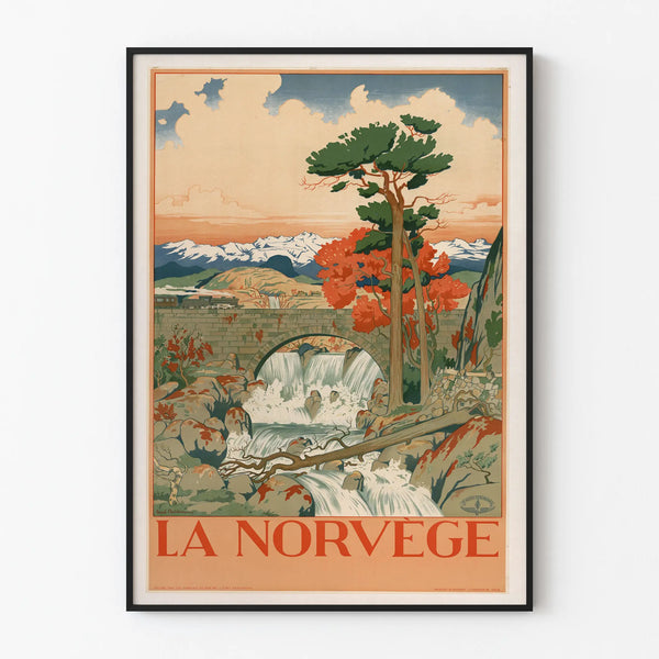 Vintage wanddecoratie poster Noorwegen waterval en trein