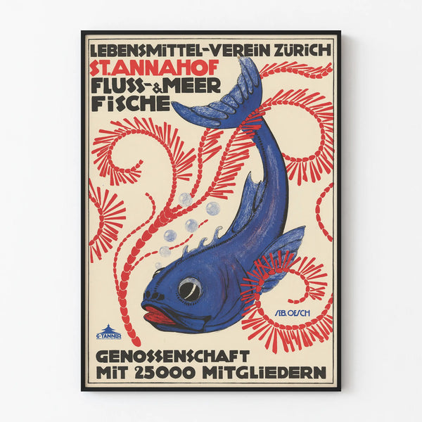 Vintage poster met blauwe vis en rode algen muurdecoratie