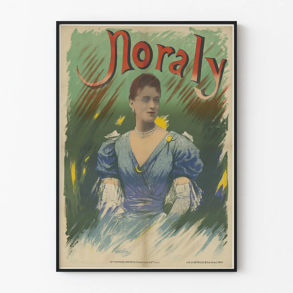 Vintage poster Noraly portret elegante vrouw in blauwe jurk
