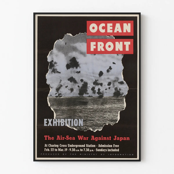 Vintage poster van de Ocean Front Tentoonstelling over Lucht- en Zeescheepvaartoorlog