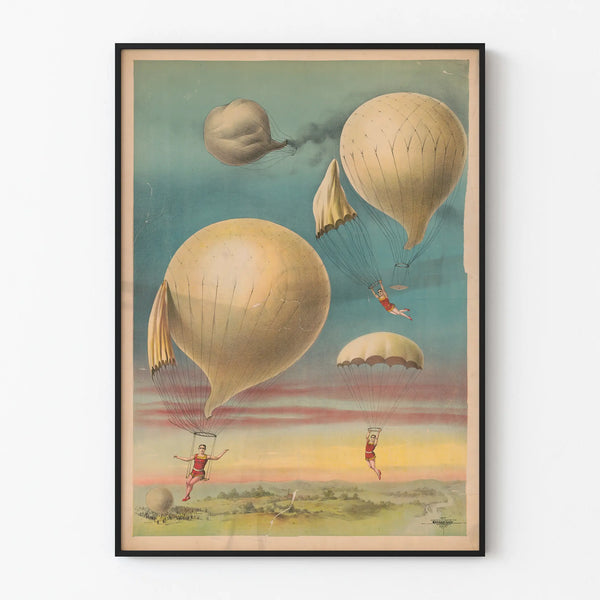 Vintage poster parachutespringen en luchtballonnen