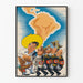 Humoristische militaire propagandaposter met kaart van Zuid-Amerika